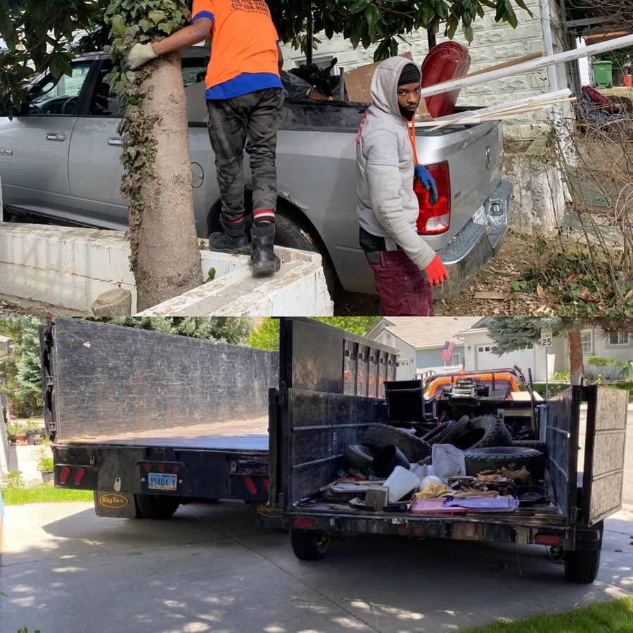 picture of movers loading a truck with garbage, and two trailers
